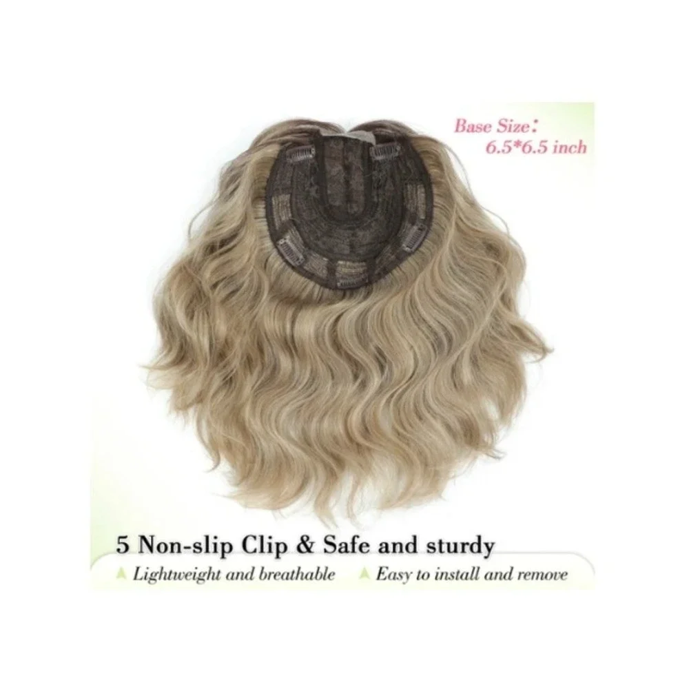 11in Short Wavy Hair Topper Ombre Brown Blonde Synthetic Hairpiece 6.5x6.5